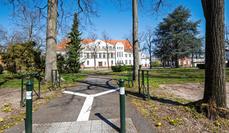 Haguenau in Grand Est, France, during COVID restrictions, showing empty streets and a deserted park, highlighting the absence of pedestrians due to pandemic measuresの写真素材