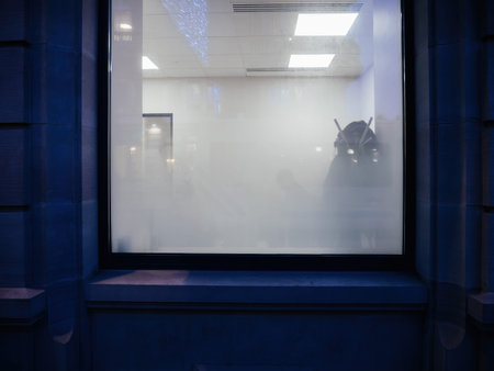 Frosted glass window, partially obscuring the interior for privacy, with soft reflections and a...