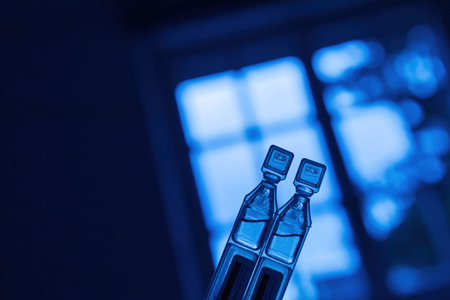 Artistic close-up of two transparent medical ampoules with blue-toned lighting, creating a...