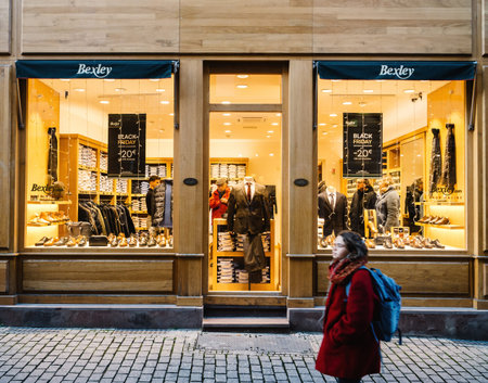 Strasbourg, France - Nov 29, 2024: Elegant Bexley store displaying shoes and suits, illuminated...
