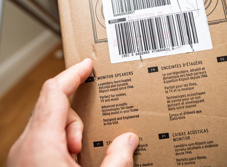 Paris, France - Apr 18, 2023: A close-up of the packaging for Klipsch R-40M monitor speakers, highlighting branding and product details for premium audio equipment shippingのeditorial素材