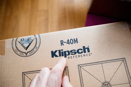Paris, France - Apr 18, 2023: The packaging for Klipsch R-40M speakers displays dual speaker design...