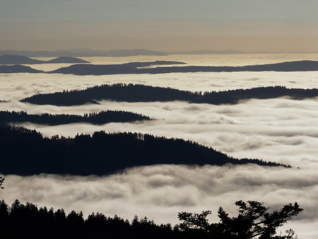 Layers of rolling hills and mist above, offering a dramatic, serene, and breathtaking natural landscape under the bright sun.の写真素材