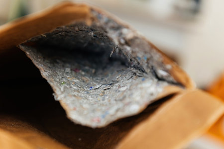 Macro close-up reveals recycled material inside an envelope, safeguarding garments crafted from...
