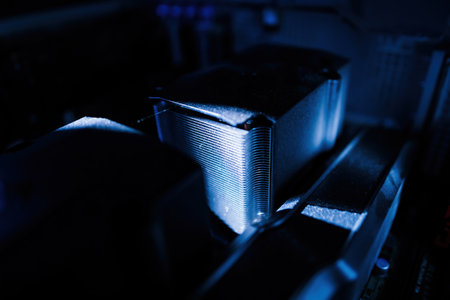 A blue color cast illuminates a close-up macro shot of a new, dusty powerful CPU computer cooler, with beam lighting accentuating the intricate radiator grilleの写真素材
