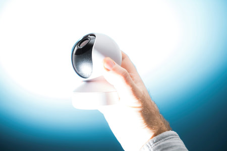 A male hand holds a surveillance camera aimed upwards, set against a blue-white background, illustrating the tension between technology and personal privacy.の写真素材