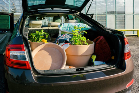 Car trunk filled with an assortment of ceramic pots and vibrant flowers, parked near a florist...