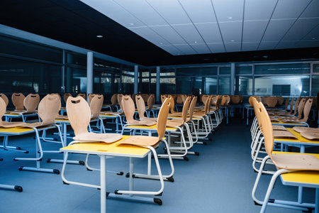 An empty school canteen showcases chairs lifted onto tables, emphasizing the room's cleanliness after a thorough cleaningの写真素材