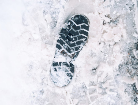 Close-up of a single shoe sole left in the snow, surrounded by icy and slushy conditions, showcasing...