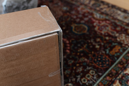Tightly taped corner of a large cardboard box placed on a richly patterned carpet, highlighting durability and proper sealing for safe delivery.の写真素材