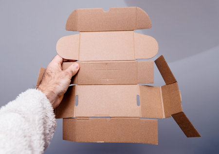 A hand holding a flattened cardboard box design, showing its foldable structure and ecofriendly...