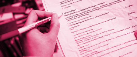 A healthcare professional marks responses on a German medical evaluation form, focusing on internal organ conditions and related assessments.の写真素材