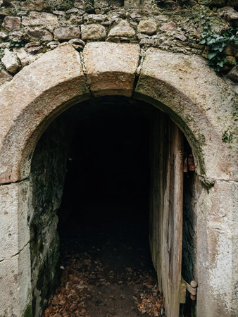 A dim stone archway leading into darkness within an abandoned castle, surrounded by crumbling stonework and fallen leaves, evoking a haunting aura.の写真素材
