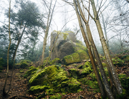 Moss-covered rocks surrounded by bare trees in a misty Black Forest setting, creating a mysterious and tranquil autumn atmosphereの写真素材