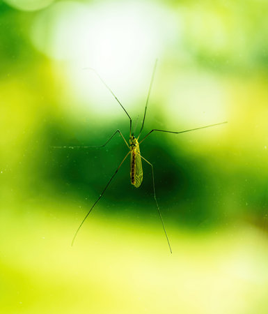 A crane fly with long delicate legs clings to a transparent glass surface, with a soft-focus green...