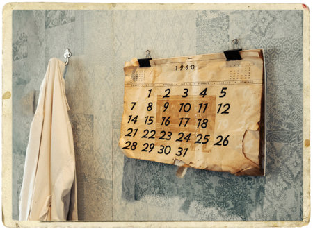A vintage 1960 calendar with yellowed pages hangs on a blue patterned wall, held by black clips, beside a white coat and framed pictures in a nostalgic setting.の写真素材