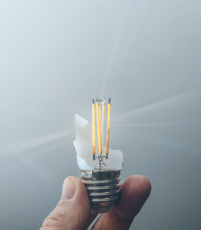 A hand holds a broken LED filament bulb against a softly lit background, with light refracting in delicate rays, symbolizing fragility and creativity.の写真素材