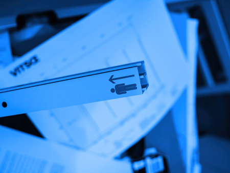 Paris, France - Nov 28, 2022: Close-up of a Vitsoe shelving system metal component featuring a minimalist human figure and directional arrow, photographed over technical documents with a strong blue color cast.のeditorial素材