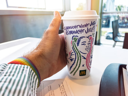 Berlin, Germany - Sept 14, 2023: Hand holding a McDonald coffee cup with colorful illustrated design and the German slogan Es braucht nicht viel. Es braucht viele meaning It doesn t take much. It takes many in a bright indoor settingのeditorial素材