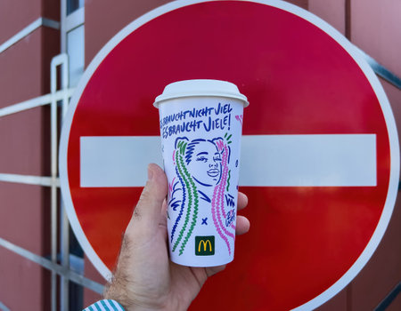 Berlin, GErmany - Sep 29, 2023: Hand holding a McDonalds coffee cup with colorful artwork and German text in front of a large red and white do-not-enter traffic sign on a building exteriorのeditorial素材