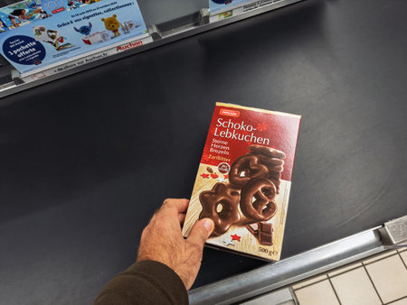 Paris, France- Oct 20, 2023: Hand holding a box of chocolate-covered Schoko-Lebkuchen on a black supermarket checkout belt in Auchan France with festive shapes including hearts stars and pretzels visibleのeditorial素材