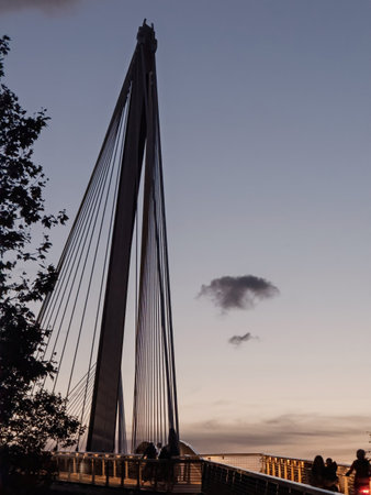 Silhouettes walking across the illuminated Passerelle des Deux Rives at sunset, a modern cable-stayed pedestrian bridge connecting Strasbourg and Kehl with its tall pylon silhouetted against the skyの写真素材