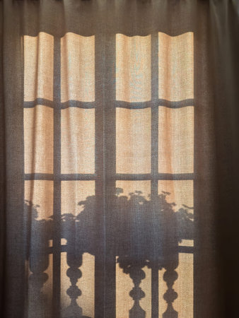 Shadow of a balcony window with iron balusters and potted plants is cast in sharp contrast against a curtain lit warmly by the sunlight from outside.の写真素材