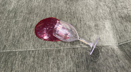 A glass of red wine has tipped and spilled onto a green fabric sofa, creating a large stain with visible splash marks and soft reflections on the upholsteryの写真素材