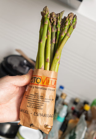 Paris, France - Apr 11, 2025: Hand holding a bundle of fresh green asparagus wrapped in branded brown paper labeled HORTOVILLA from Spain, shown in a kitchen environment with utensils nearbyのeditorial素材