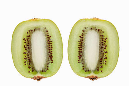 A kiwi cut in half on a white backgroundの写真素材