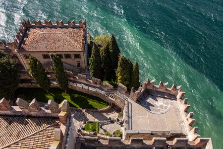 view from above of the Scaligero Castle in Malcesineの写真素材