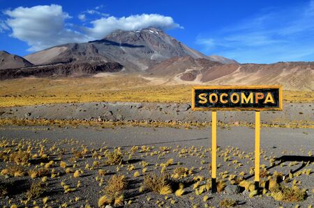 Majestic view of the Socompa volcano from the last station of the "train to the clouds"の写真素材