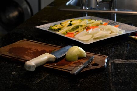 Cooking healthy food ay home in coronavirus COVID 19 quarantineの写真素材