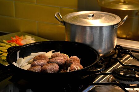 Cooking healthy food at home in coronavirus COVID 19 quarantineの写真素材