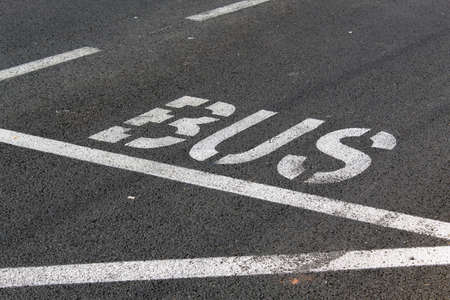 Bus stop mark with white on asphaltの写真素材