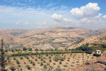 Panoramic view of a mountain valley landscape in Jordanの写真素材