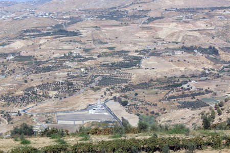 Panoramic view of a mountain valley landscape in Jordanの写真素材