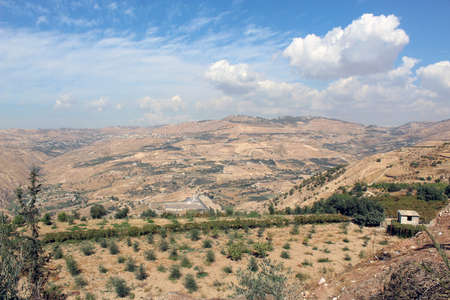 Panoramic view of a mountain valley landscape in Jordanの写真素材