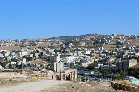 Jerash (Gerasa), ancient roman capital and largest city of Jerash Governorate, Jordan, north gateの写真素材