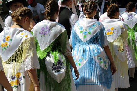 Timisoara, Timis / Romania - June 16th, 2019: Young german schwaben dancers from Banat, in traditional costumes at Heimattage 2019のeditorial素材