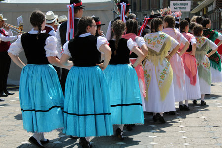 Timisoara, Timis / Romania - June 16th, 2019: Young german schwaben dancers from Banat, in traditional costumes at Heimattage 2019のeditorial素材