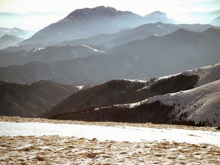 Winter and snow landscape with Godeanu Mountains, Charpatians Mountains in Romaniaの写真素材