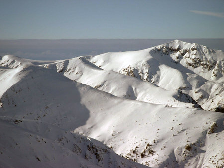 Winter and snow landscape with Godeanu Mountains, Charpatians Mountains in Romaniaの写真素材