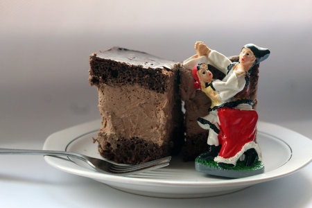 Rigo Jancsi, a traditional Hungarian cube-shaped chocolate sponge cake homemade in Romania with traditional Romanian Clothesの写真素材