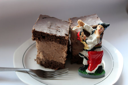 Rigo Jancsi, a traditional Hungarian cube-shaped chocolate sponge cake homemade in Romania with traditional Romanian Clothesの写真素材