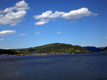Orsova, Mehedinti, Romania view of Alion Hill and Iron Gates I lake near former island of Ada Kalehの写真素材