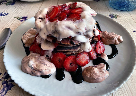Keto Diet Protein Pancakes with Strawberriesの写真素材