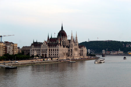 Hungarian Parliament Building by the Danube Riverの写真素材