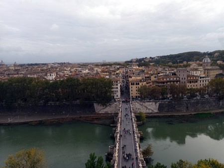 Panoramic view of Rome with Aelius Bridge and Tiber Riverの写真素材