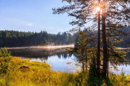 Sunrise at Shiroka polyana dam, West Rhodope mountains, Bulgariaの写真素材